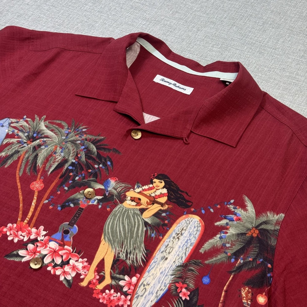 Tommy Bahama Christmas Mele Kalikimaka Silk Camp Shirt Surfboard Hula Mens L Red